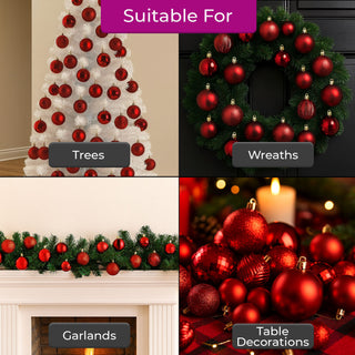 Neo Dark Red 36 Christmas Tree Ornaments Set Baubles Glitter Balls Holiday Festive Decorations Assorted Sizes Colours Home Party Décor