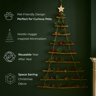 Neo Wooden Hanging Wall Xmas Christmas Tree Ladder Decoration Rustic Nordic Hygge Style with Pine Cones Red Berries Jute Rope Wall Mounted Décor