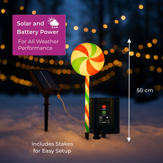 Neo Large 50cm Candy Cane Lolly Lollipop Christmas Remote Solar and Battery Powered Lights 6 Pack LED Path Stakes Timer 8 Modes Timer Outdoor Décor