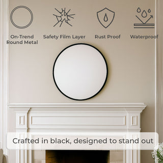 Neo 50cm Black Round Metal Frame Wall Mirror Float Glass HD Reflection Anti-Rust Moisture-Proof Wall Mounted Bathroom Bedroom Hallway Living Room Vanity