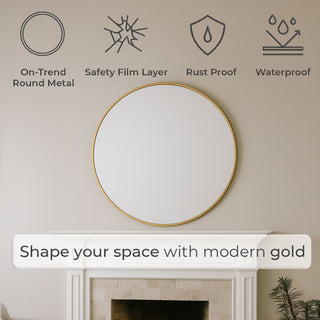 Neo 50cm Gold Round Metal Frame Wall Mirror Float Glass HD Reflection Anti-Rust Moisture-Proof Wall Mounted Bathroom Bedroom Hallway Living Room Vanity