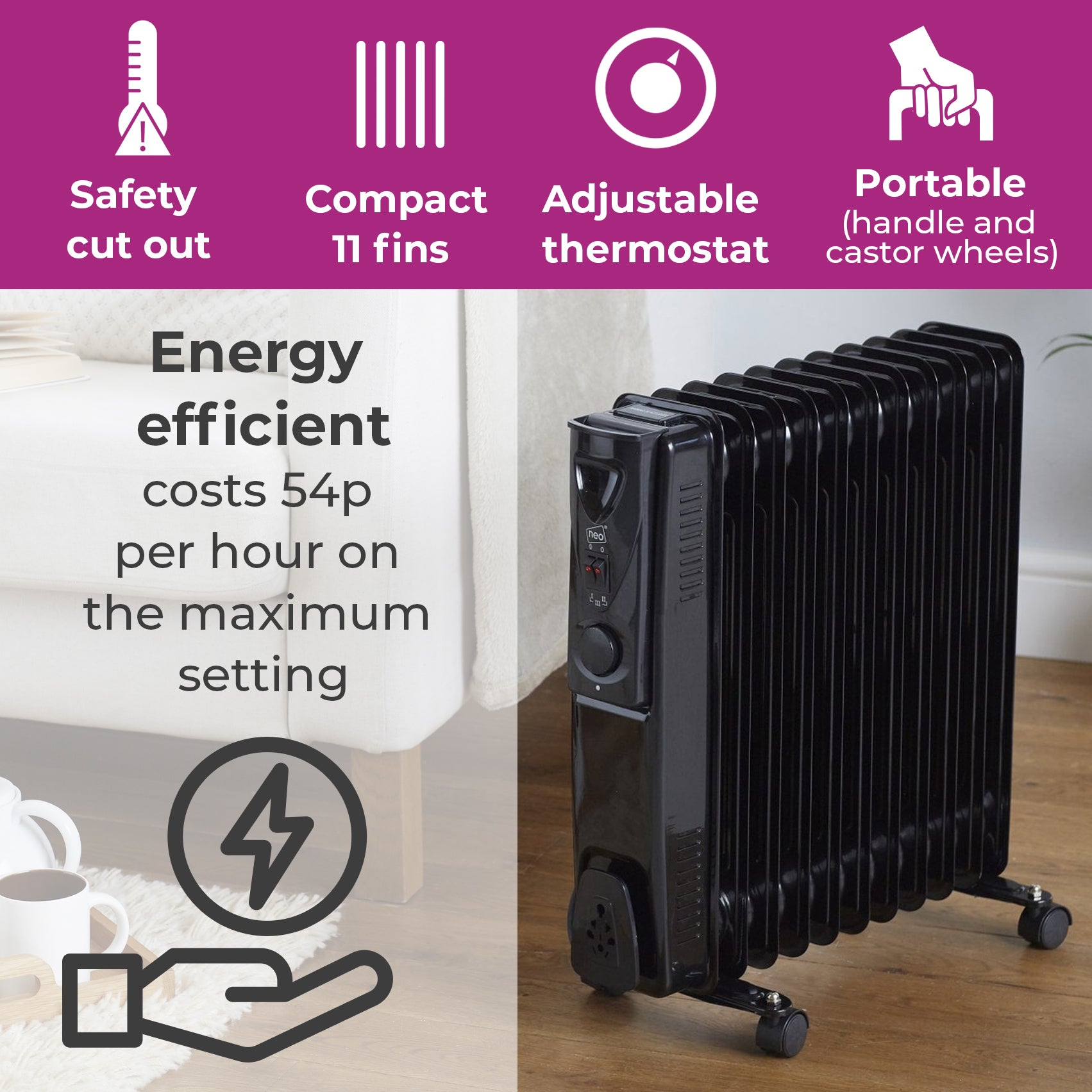 Neo 11 Fin Black Electric Oil Filled Radiator – Neo Direct