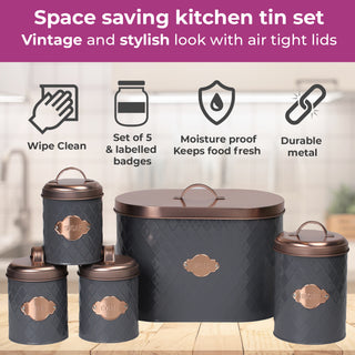 Neo Grey Embossed 5 Piece Kitchen Canister Set