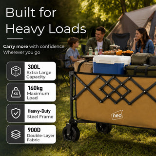 Neo Heavy Duty Folding Wagon Cart 300L Adjustable Handle - Khaki