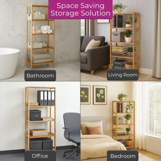Neo Natural 5 Tier Bamboo Storage Shelf Shelves Rack Adjustable Multi-Purpose Rack Shoes Plants Bathroom Kitchen Hallway Room Organiser Unit