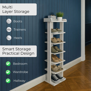 Neo White 7 Tier Wooden Shoe Rack Slim Narrow Storage Cabinet Space-Saving Entryway Bedroom Wardrobe