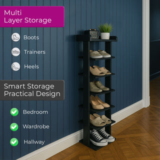 Neo Black 7 Tier Wooden Shoe Rack Slim