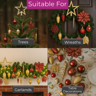 Neo Red and Gold 110PCS Christmas Tree Ornaments Set Shatterproof Baubles Decorations Tree Topper Star Luxury Ornament Kit Christmas Easy to Hang Home Party Décor Star Topper, Balls, Snowflakes & Icicles