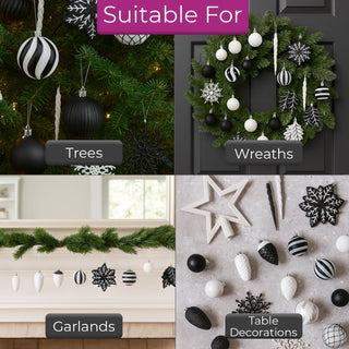 Neo Black and White 110PCS Christmas Tree Ornaments Set Shatterproof Baubles Decorations Tree Topper Star Luxury Ornament Kit Christmas Easy to Hang Home Party Décor Star Topper, Balls, Snowflakes & Icicles