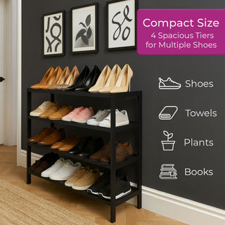Neo Black 4-Tier Bamboo Shoe Rack Wooden Shoe Storage Organiser Shelf for Hallway, Entrance Living Room