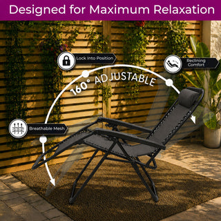 Neo Black Zero Gravity Recliner Garden Sun Loungers x2