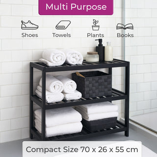 Neo Black 3-Tier Bamboo Shoe Rack Stand Natural Wooden Shoe Storage Shelf for Hallway Bedroom Bathroom