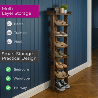 Neo Walnut 8 Tier Wooden Shoe Rack Slim