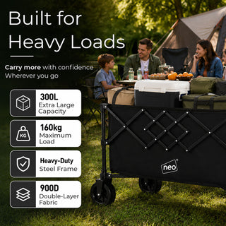 Neo Heavy Duty Folding Wagon Cart 300L Adjustable Handle - Black