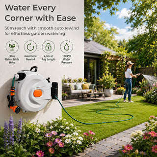 30m Retractable Garden Hose Reel Wall Mounted 180° Swivel Bracket 8 Spray