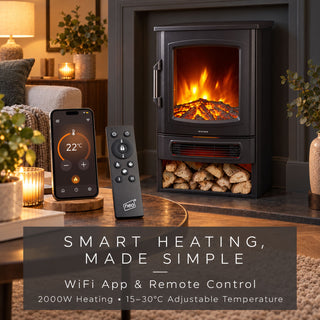Neo 2000W Black Freestanding Fire Smart Electric Fireplace WiFi Remote Control