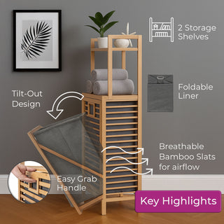 Neo Bamboo Laundry Bin Hamper Basket Tilt Pull Out Basket Storage 2 Tier Shelves Natural Space Saving Organiser Foldable Liner Ventilated Slatted Design Elevated Legs