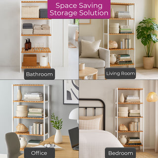 Neo Natural / White 5 Tier Bamboo Storage Shelf Shelves Rack Adjustable Multi-Purpose Rack Shoes Plants Bathroom Kitchen Hallway Room Organiser Unit