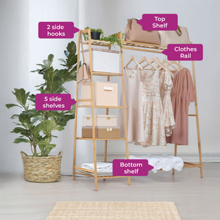 Neo Bamboo Rack Clothes with Storage Shelf Hanging Rail and Side Hooks