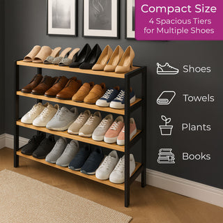 Neo Black Wood 4-Tier Bamboo Shoe Rack Wooden Shoe Storage Organiser Shelf for Hallway, Entrance Living Room