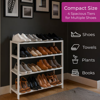 Neo White 4-Tier Bamboo Shoe Rack Wooden Shoe Storage Organiser Shelf for Hallway, Entrance Living Room