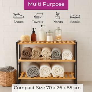 Neo Black Natural 3-Tier Bamboo Shoe Rack Stand Natural Wooden Shoe Storage Shelf for Hallway Bedroom Bathroom