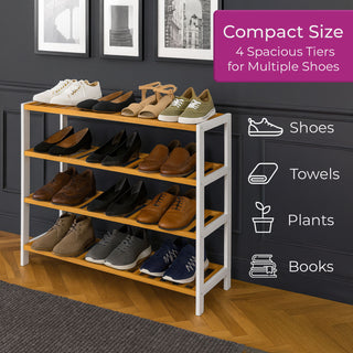 Neo White/Wood 4-Tier Bamboo Shoe Rack Wooden Shoe Storage Organiser Shelf for Hallway, Entrance Living Room