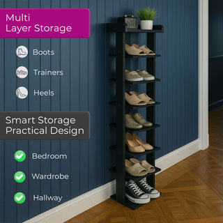 Neo Black 8 Tier Wooden Shoe Rack Slim