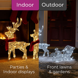 Neo 120 Indoor Outdoor LED Light Up Reindeer and Sleigh Christmas Decoration Festive Display with Dual Light Effects Timer Red Scarves Weatherproof Frame 5m Lead Wire