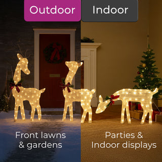 Neo Set of 3 LED Lighted Reindeer Christmas Decorations Indoor Outdoor Holiday Yard Décor 210 Dual LED Lights Timer Weather Resistant Frame Festive Red Bows & Greenery