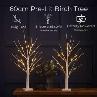 Neo Set of 2 LED Pre Lit Twig Tree Lights 60cm Birch Tree Lamp Warm White Lights Battery Operated Decorative Centrepiece Flexible Branches Christmas Wedding Bedroom Home Decor