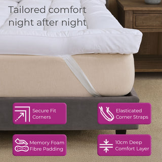 Neo Single Mattress Topper Soft Memory Foam Plush Bounce Fibre Breathable Diamond Quilted Fabric Elastic Anti Slip Corner Straps Secure Fit All UK Bed Sizes