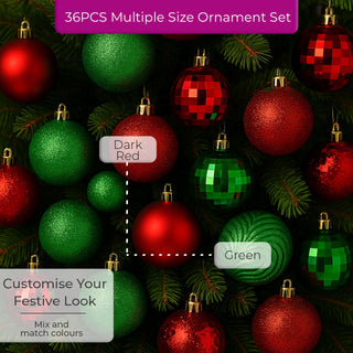 Neo Green 36 Christmas Tree Ornaments Set Baubles Glitter Balls Holiday Festive Decorations Assorted Sizes Colours Home Party Décor
