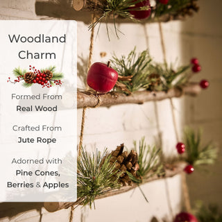 Neo Wooden Hanging Wall Xmas Christmas Tree Ladder Decoration Rustic Nordic Hygge Style with Pine Cones Red Berries Jute Rope Wall Mounted Décor