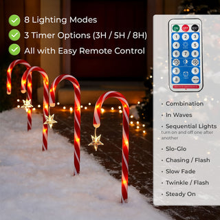 Neo Large 42cm 12 Piece Set Pack Remote Solar Panel Battery Candy Cane Christmas Lights LED Outdoor Decorations 8 Modes Festive Path Waterproof Yard Stakes
