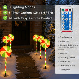 Neo Large 50cm Candy Cane Lolly Lollipop Christmas Remote Solar and Battery Powered Lights 6 Pack LED Path Stakes Timer 8 Modes Timer Outdoor Décor