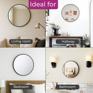 Neo 60cm Black Round Metal Frame Wall Mirror Float Glass HD Reflection Anti-Rust Moisture-Proof Wall Mounted Bathroom Bedroom Hallway Living Room Vanity