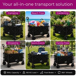 Neo Heavy Duty Folding Wagon Cart 300L Adjustable Handle - Black
