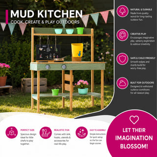 Neo Kids Wooden Outdoor Mud Kitchen Water Tap Sink Chalkboard