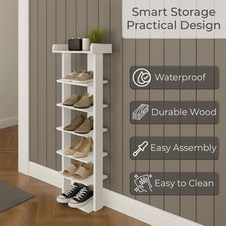 Neo White 7 Tier Wooden Shoe Rack Slim Narrow Storage Cabinet Space-Saving Entryway Bedroom Wardrobe