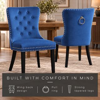 Neo Set of 2 Midnight Blue Studded Velvet Dining Chairs