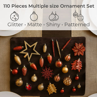 Neo Red and Gold 110PCS Christmas Tree Ornaments Set Shatterproof Baubles Decorations Tree Topper Star Luxury Ornament Kit Christmas Easy to Hang Home Party Décor Star Topper, Balls, Snowflakes & Icicles