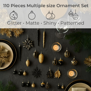 Neo Black and Gold 110PCS Christmas Tree Ornaments Set Shatterproof Baubles Decorations Tree Topper Star Luxury Ornament Kit Christmas Easy to Hang Home Party Décor Star Topper, Balls, Snowflakes & Icicles