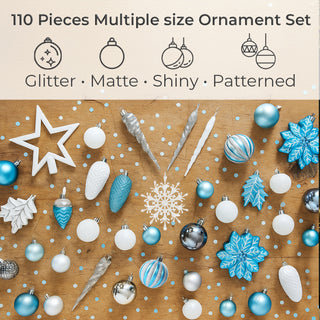 Neo Blue and White 110PCS Christmas Tree Ornaments Set Shatterproof Baubles Decorations Tree Topper Star Luxury Ornament Kit Christmas Easy to Hang Home Party Décor Star Topper, Balls, Snowflakes & Icicles