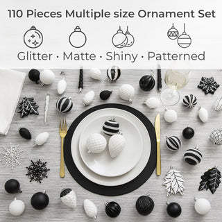 Neo Black and White 110PCS Christmas Tree Ornaments Set Shatterproof Baubles Decorations Tree Topper Star Luxury Ornament Kit Christmas Easy to Hang Home Party Décor Star Topper, Balls, Snowflakes & Icicles