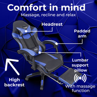 Neo Blue/Black Massage Leather Gaming Chair With Footrest