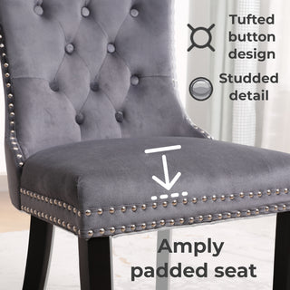 Neo Set of Four Dark Grey Studded Velvet Dining Table Chair with Ring Knocker Detail