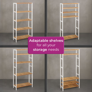 Neo Natural / White 5 Tier Bamboo Storage Shelf Shelves Rack Adjustable Multi-Purpose Rack Shoes Plants Bathroom Kitchen Hallway Room Organiser Unit