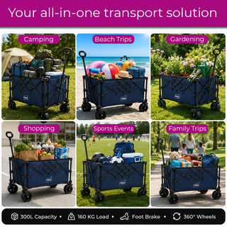 Neo Heavy Duty Folding Wagon Cart 300L Adjustable Handle - Navy