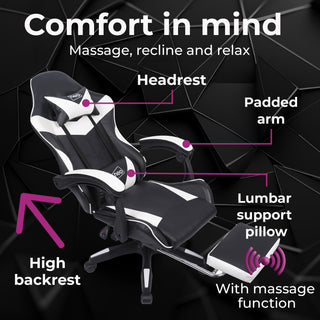 Neo White and Black Massage Leather Gaming Chair with Footrest